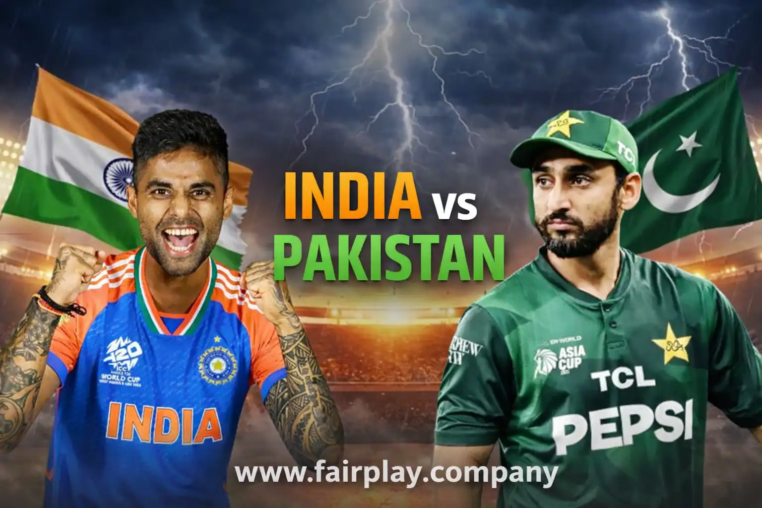 India vs Pakistan T20 2026 live match feature image with stadium background and Fairplay.company branding